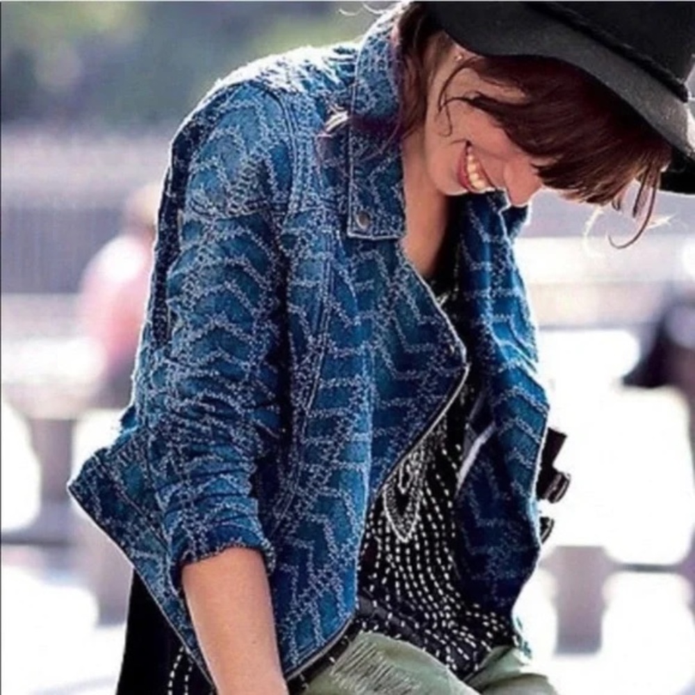 FREE PEOPLE Textured Chevron Blue Denim Moto Jacket